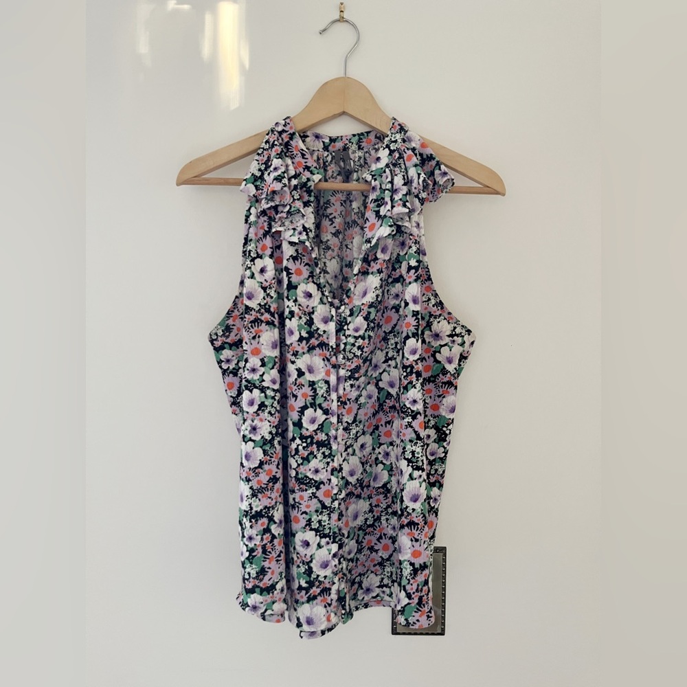 Anthropologie Floral Tank Blouse with Ruffle Collar